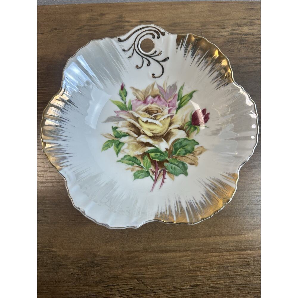 Vintage Floral Porcelain Bonbon Dish Gold Trim Pierced Rim